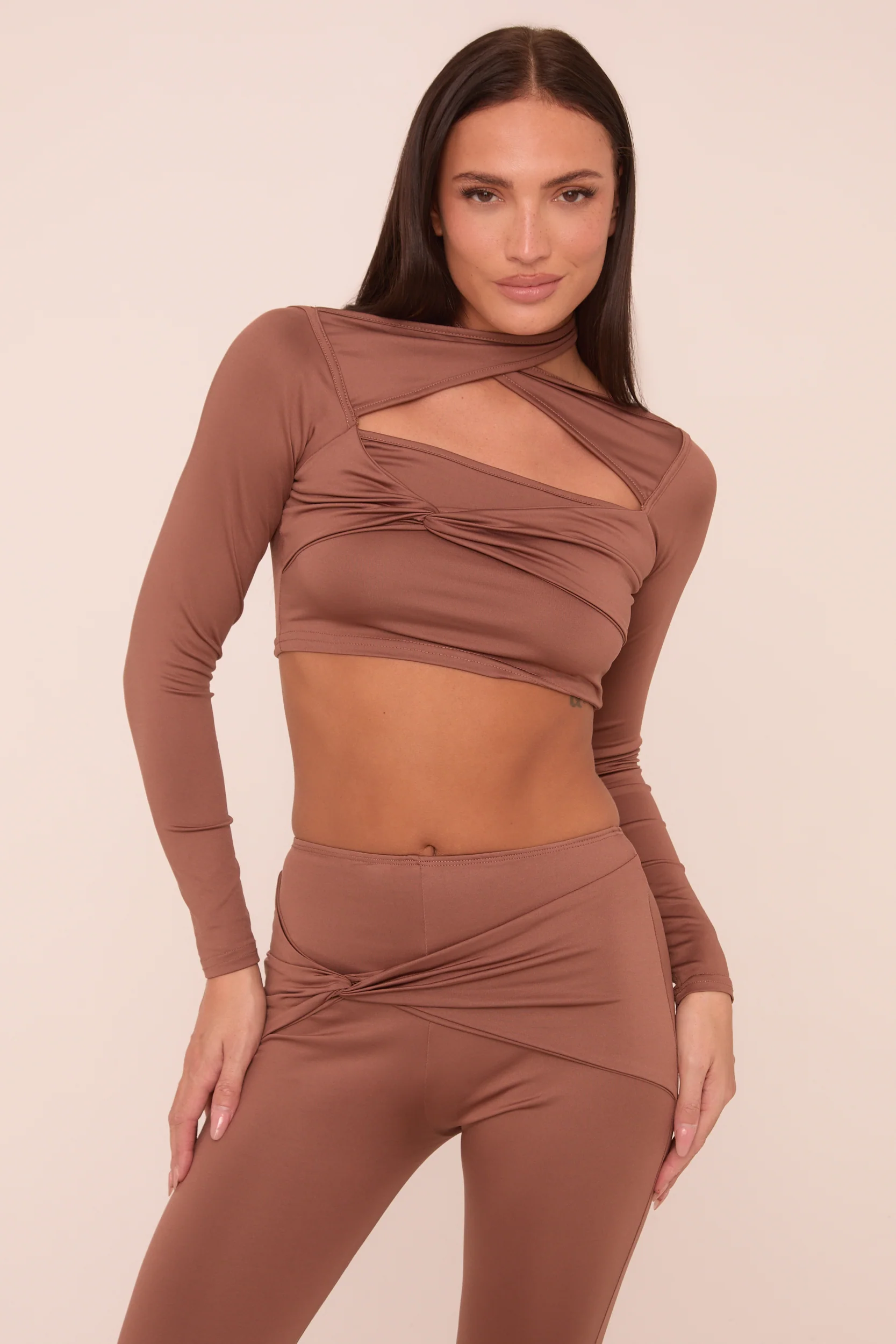 Brown Twist Detail Long Sleeves Crop Top & Kick Flare Trousers Co-ord Set - Holly - Image 3