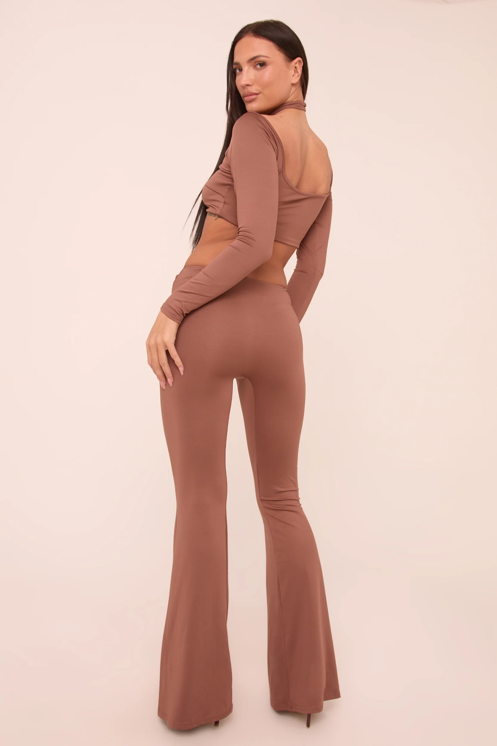 Brown Twist Detail Long Sleeves Crop Top & Kick Flare Trousers Co-ord Set - Holly - Image 5
