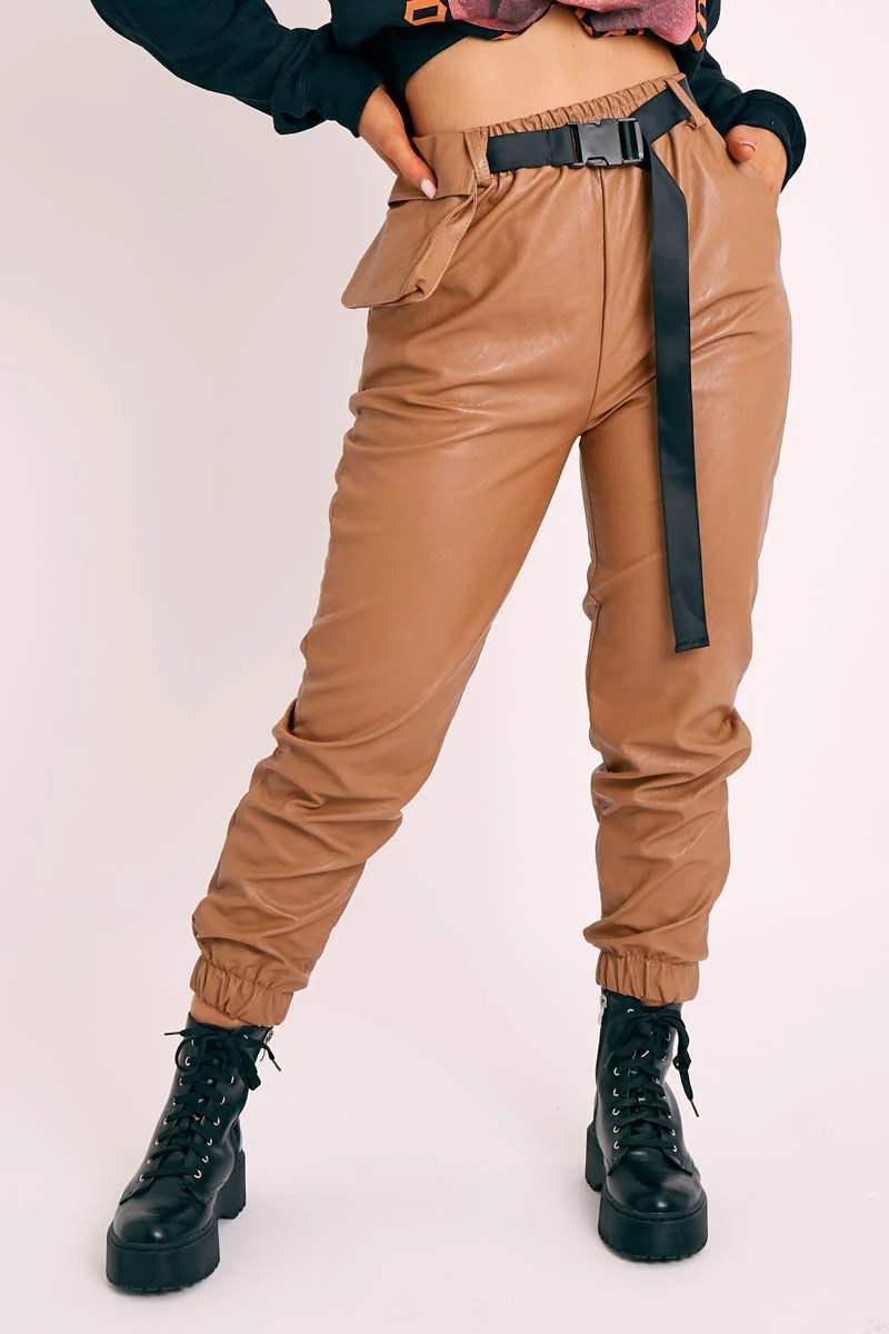 Camel Cargo Pouch Belted PU Joggers - Mishka - Image 3