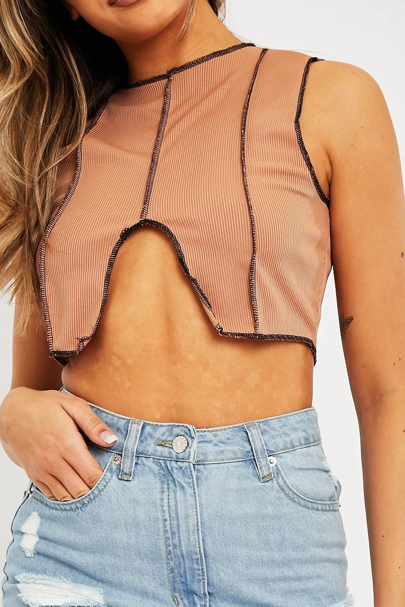 Camel Ribbed Notch Contrast Stitch Crop Top - Rinnah - Image 4