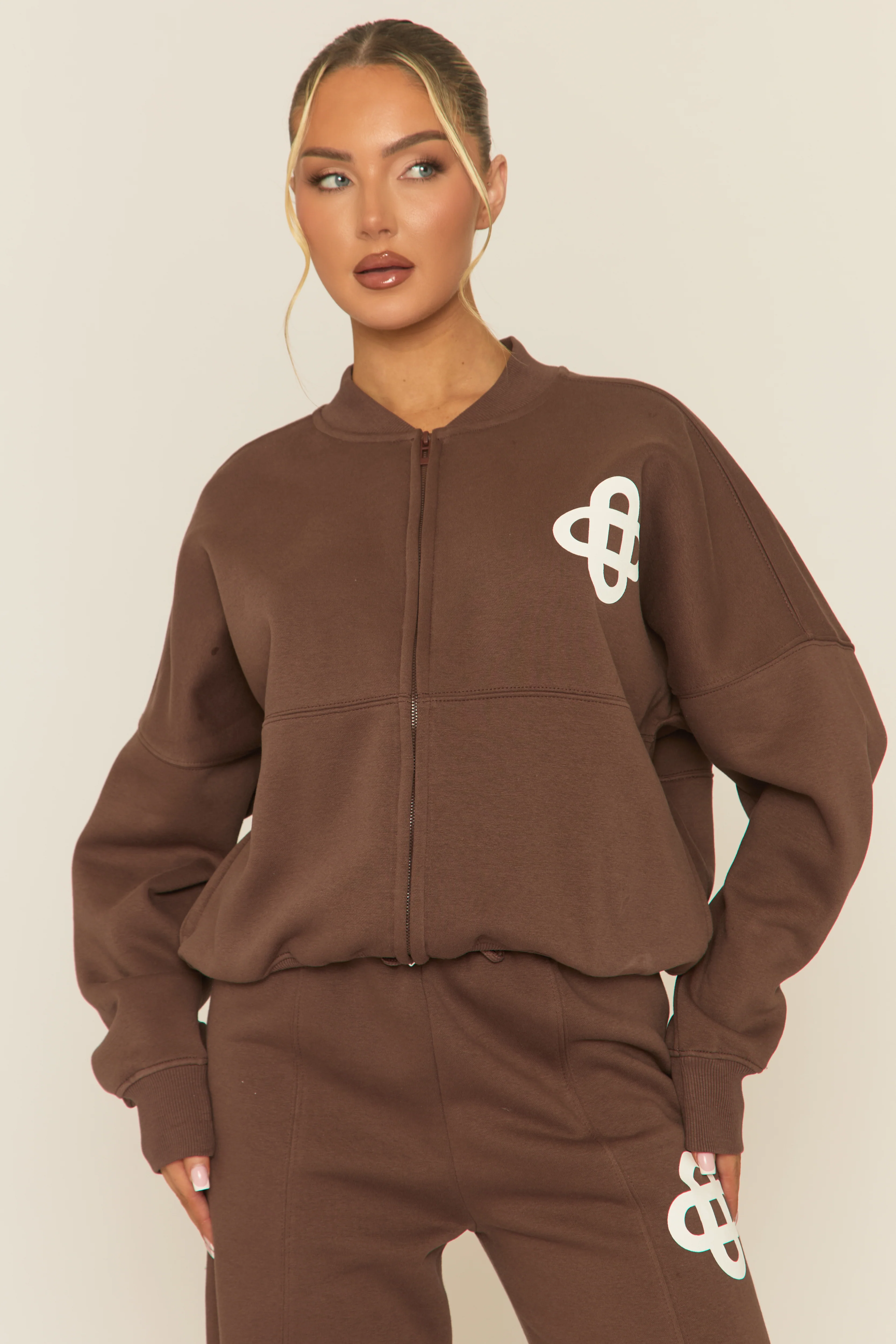 Chocolate Contrast Motif Zip Front Bomber And Joggers Loungewear Co-ord Set - Ranelle - Image 3