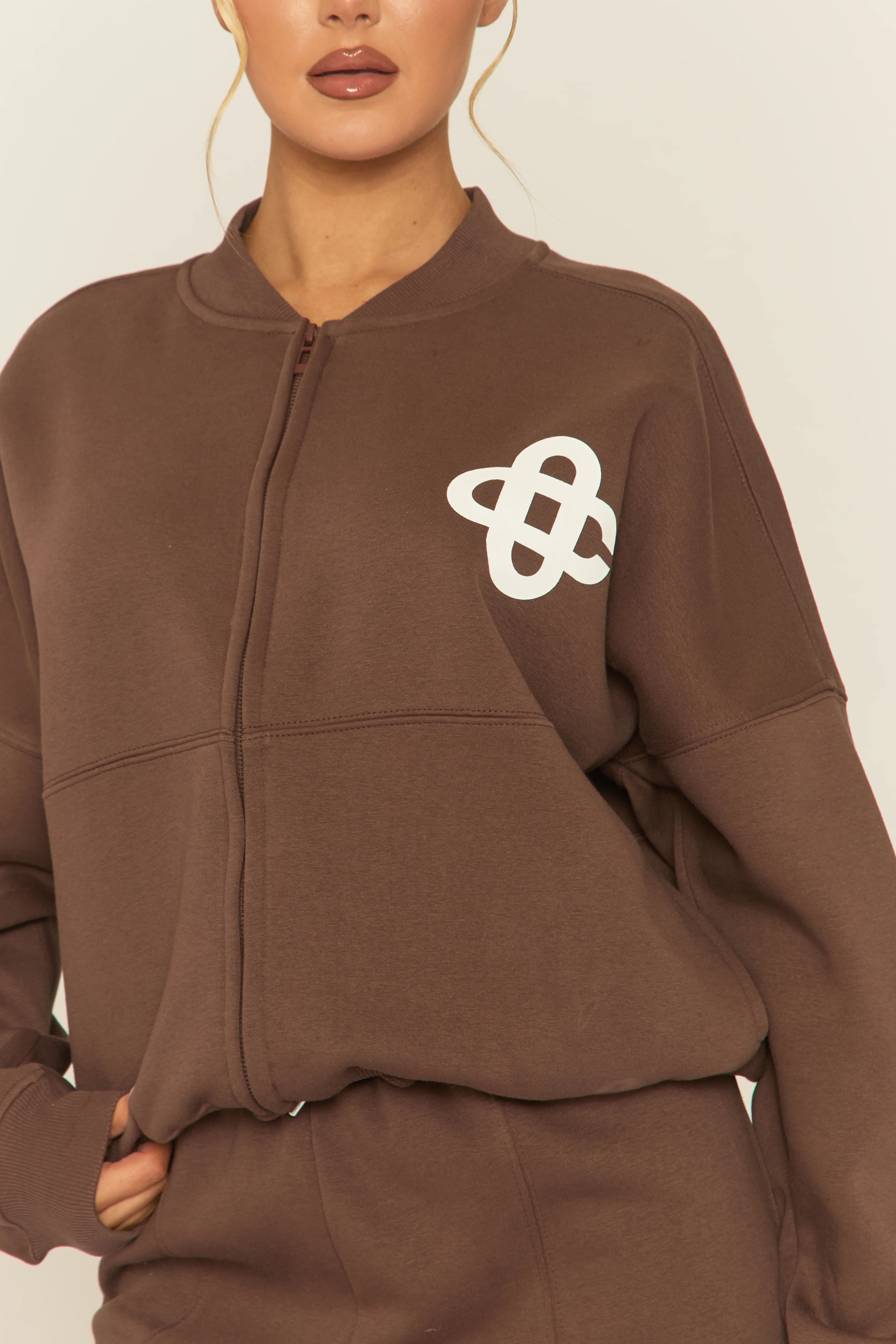 Chocolate Contrast Motif Zip Front Bomber And Joggers Loungewear Co-ord Set - Ranelle - Image 4