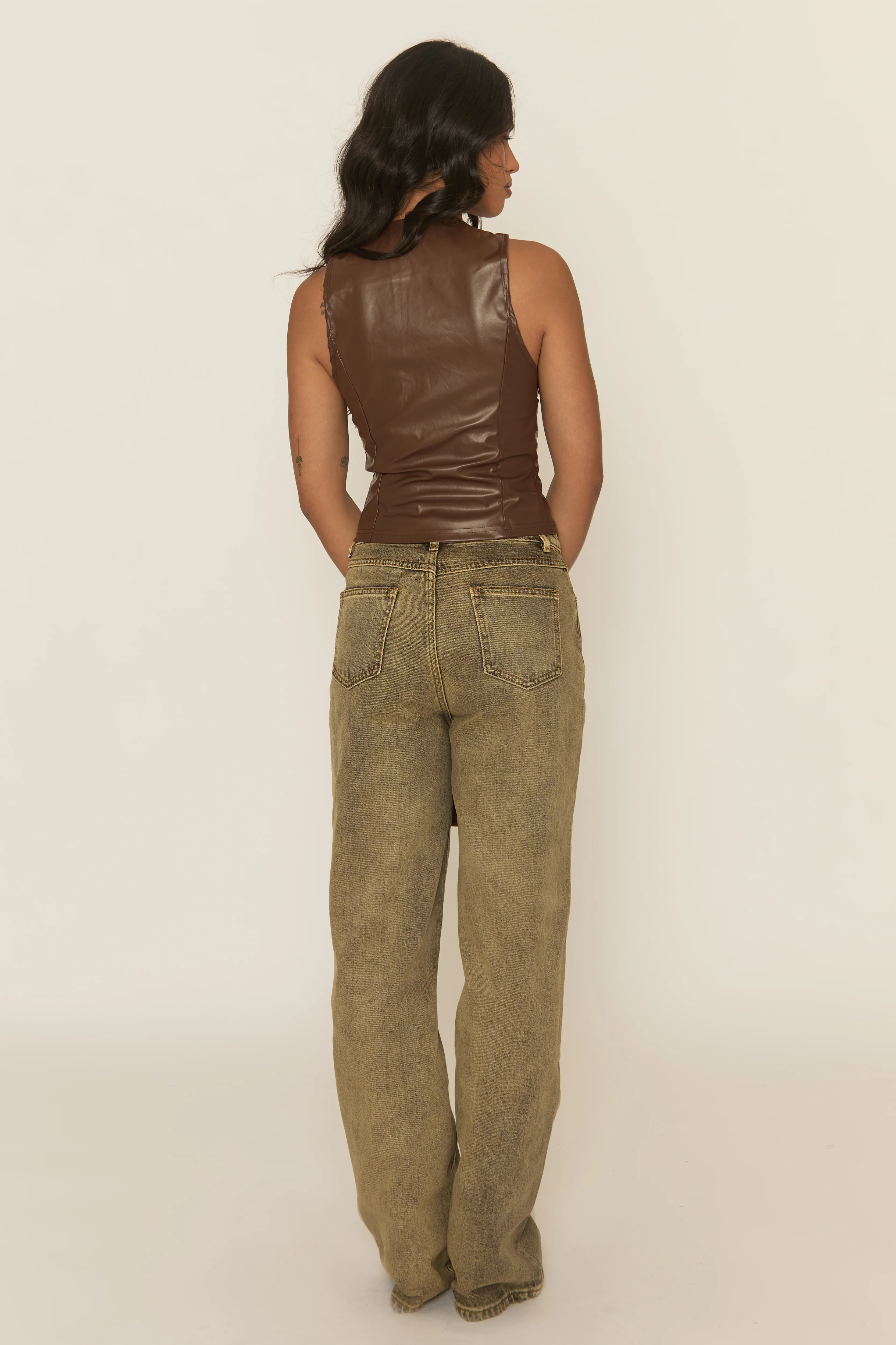 Chocolate Faux Leather Zip Front Top - Sharleigh - Image 5