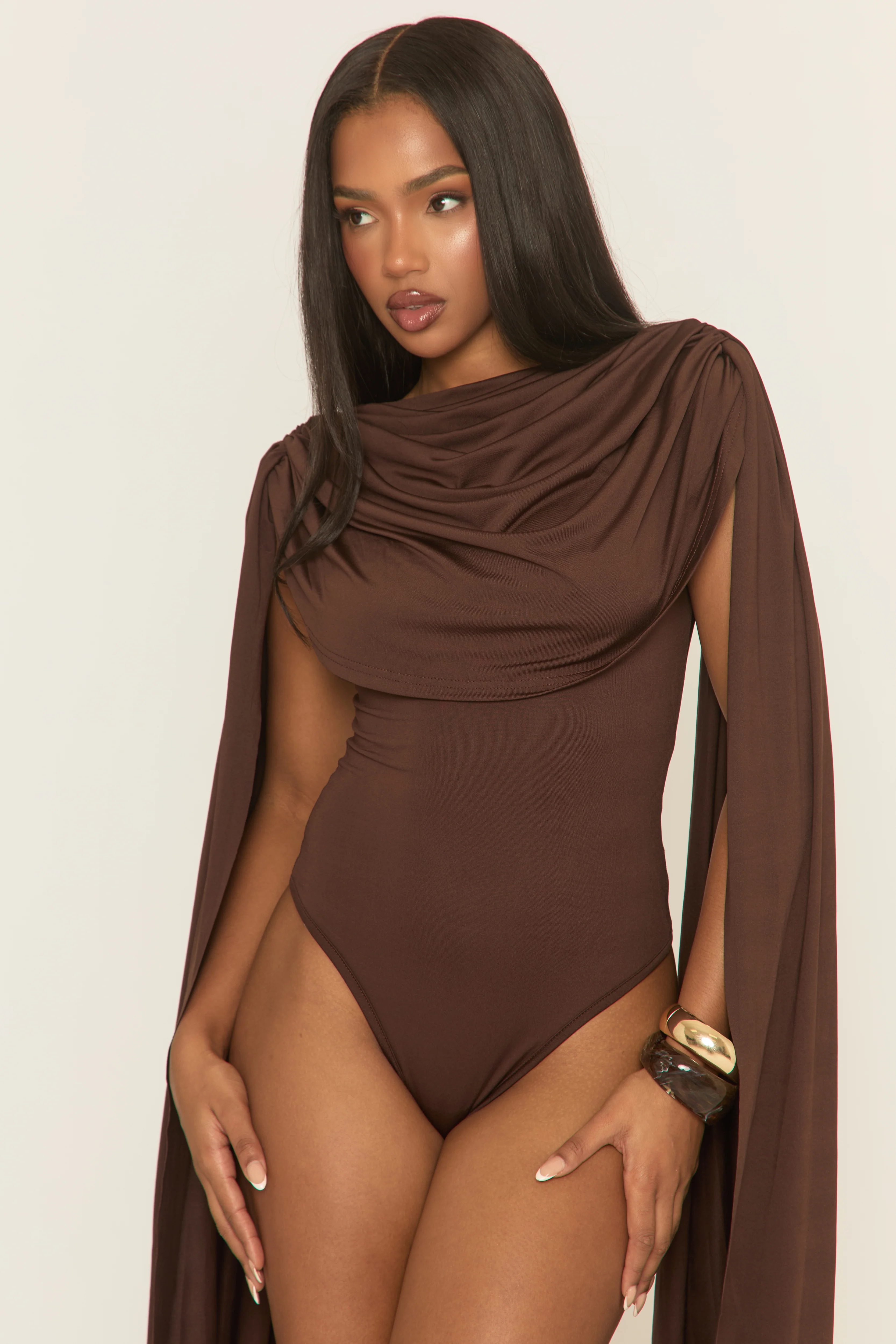 Chocolate Gathered Cape Bodysuit - Tawny - Image 4