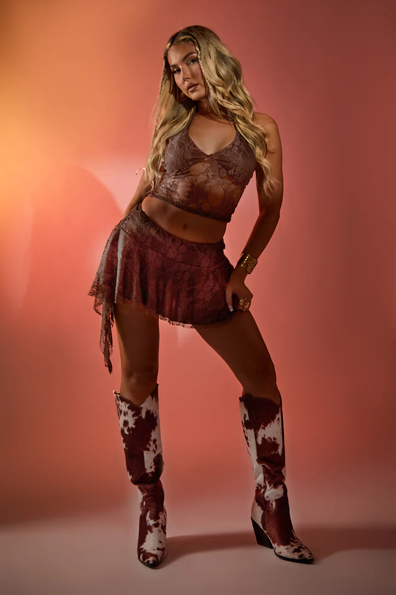 Chocolate Lace Top and Asymmetric Skirt Co-ord Set - Yara - Image 5