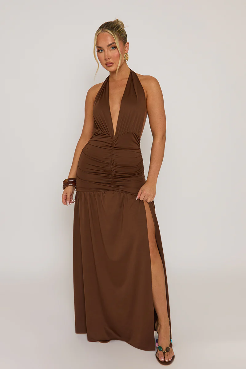 Chocolate Plunge Halterneck Maxi Dress - Fabrizia - Image 6
