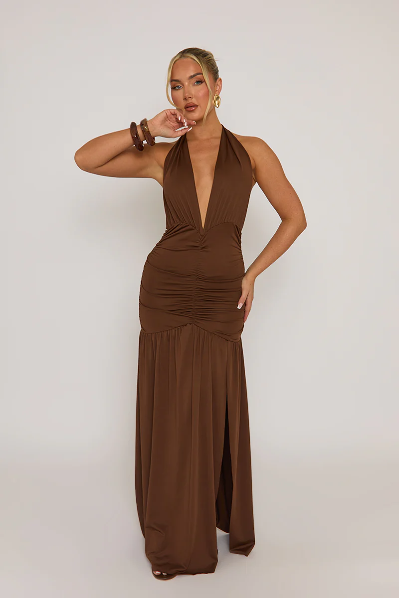 Chocolate Plunge Halterneck Maxi Dress - Fabrizia - Image 7
