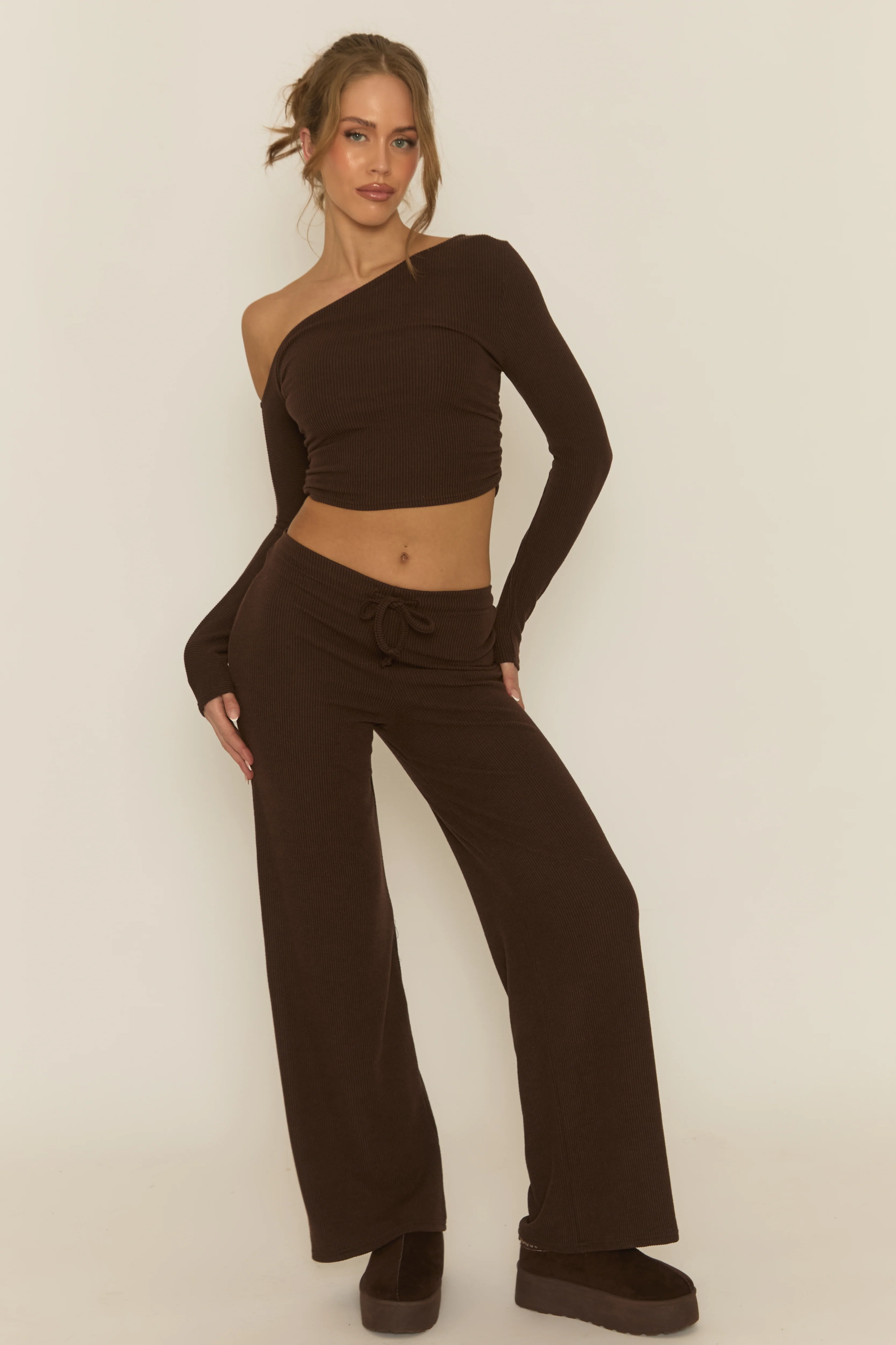 Chocolate Rib Asymmetric Drawcord Trouser Loungewear Co-ord Set - Ceena - Image 3
