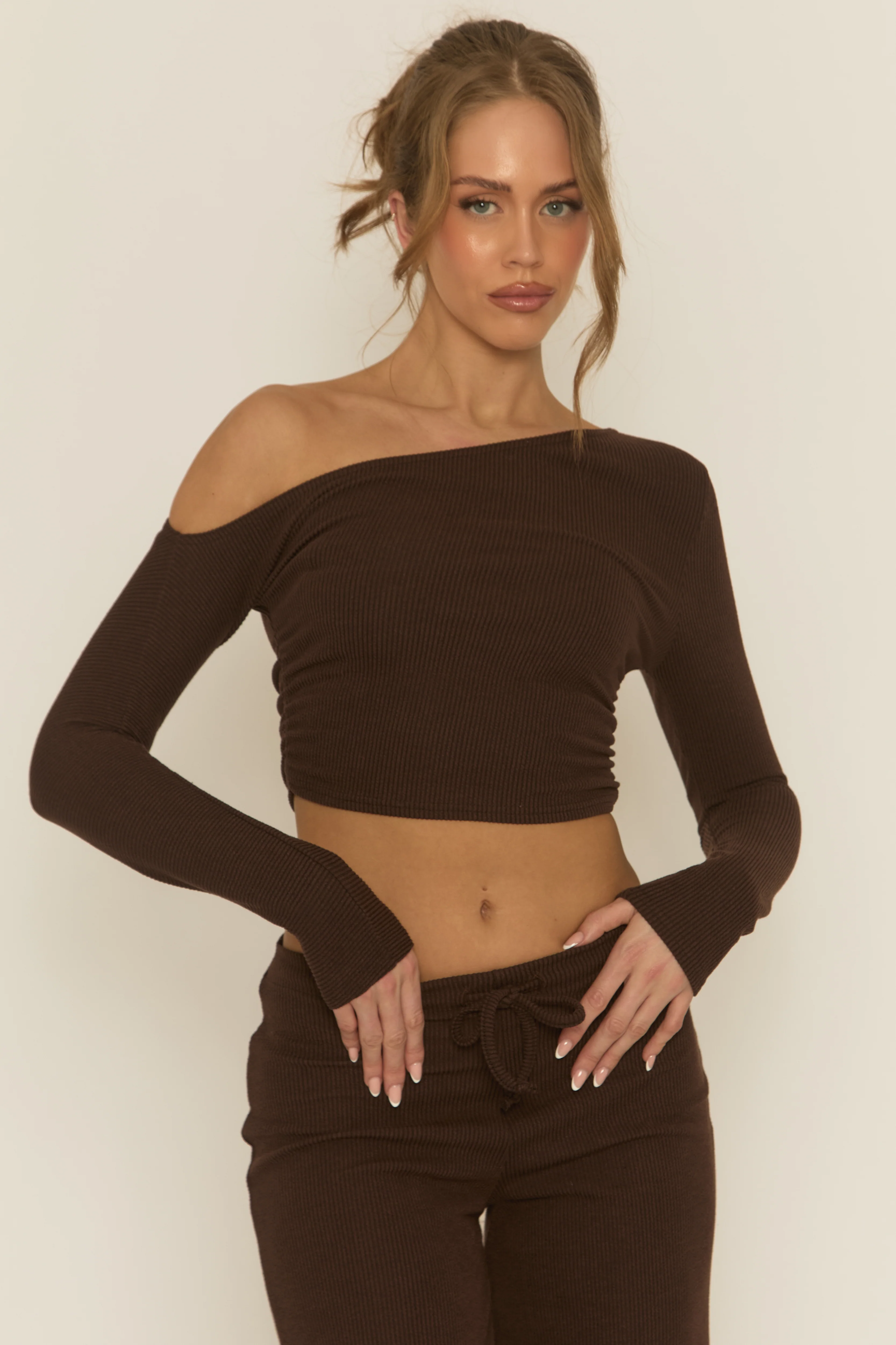 Chocolate Rib Asymmetric Drawcord Trouser Loungewear Co-ord Set - Ceena - Image 4