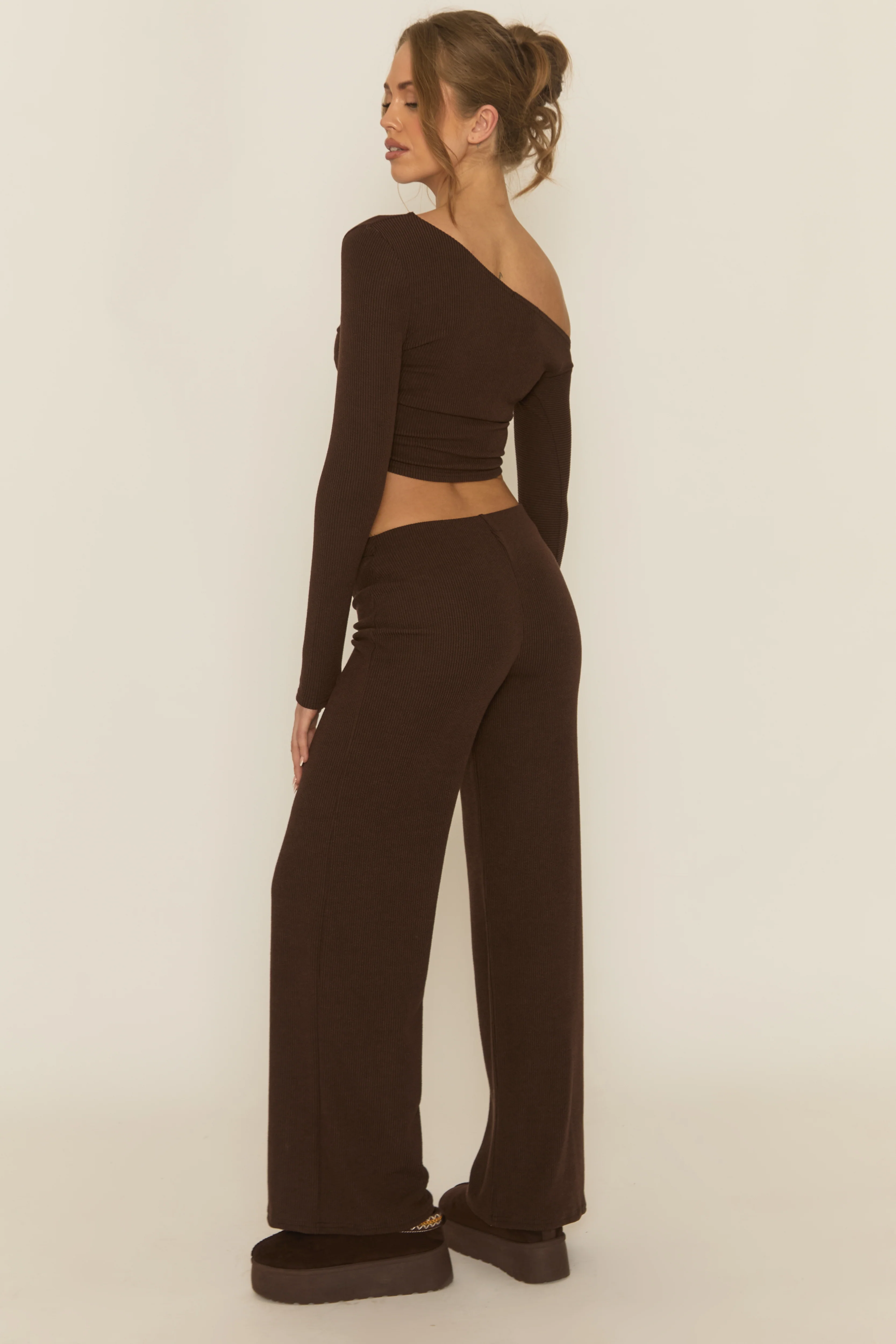 Chocolate Rib Asymmetric Drawcord Trouser Loungewear Co-ord Set - Ceena - Image 5