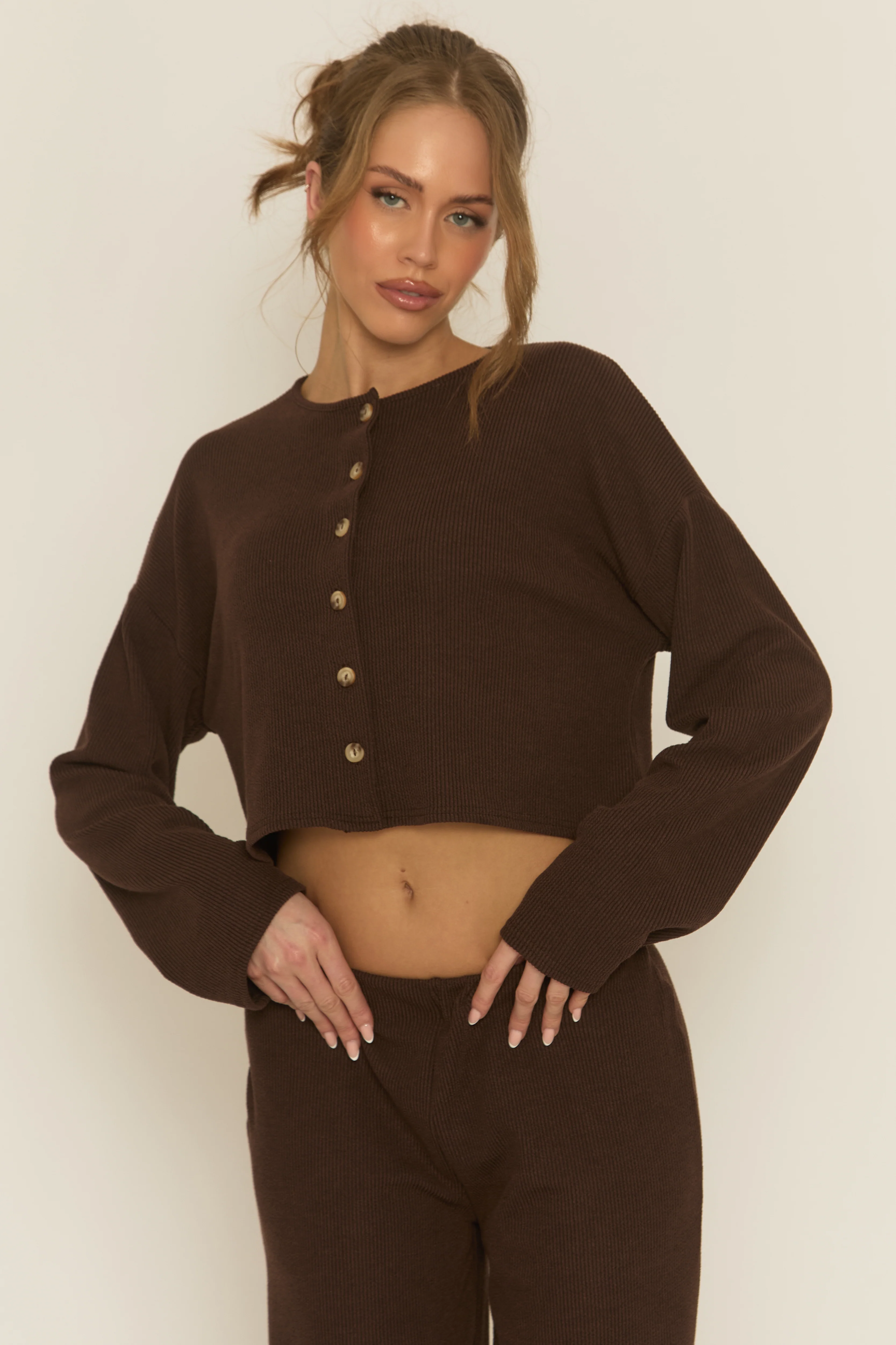 Chocolate Rib Boxy Button Down Loungewear Co-ord Set - Larina - Image 3