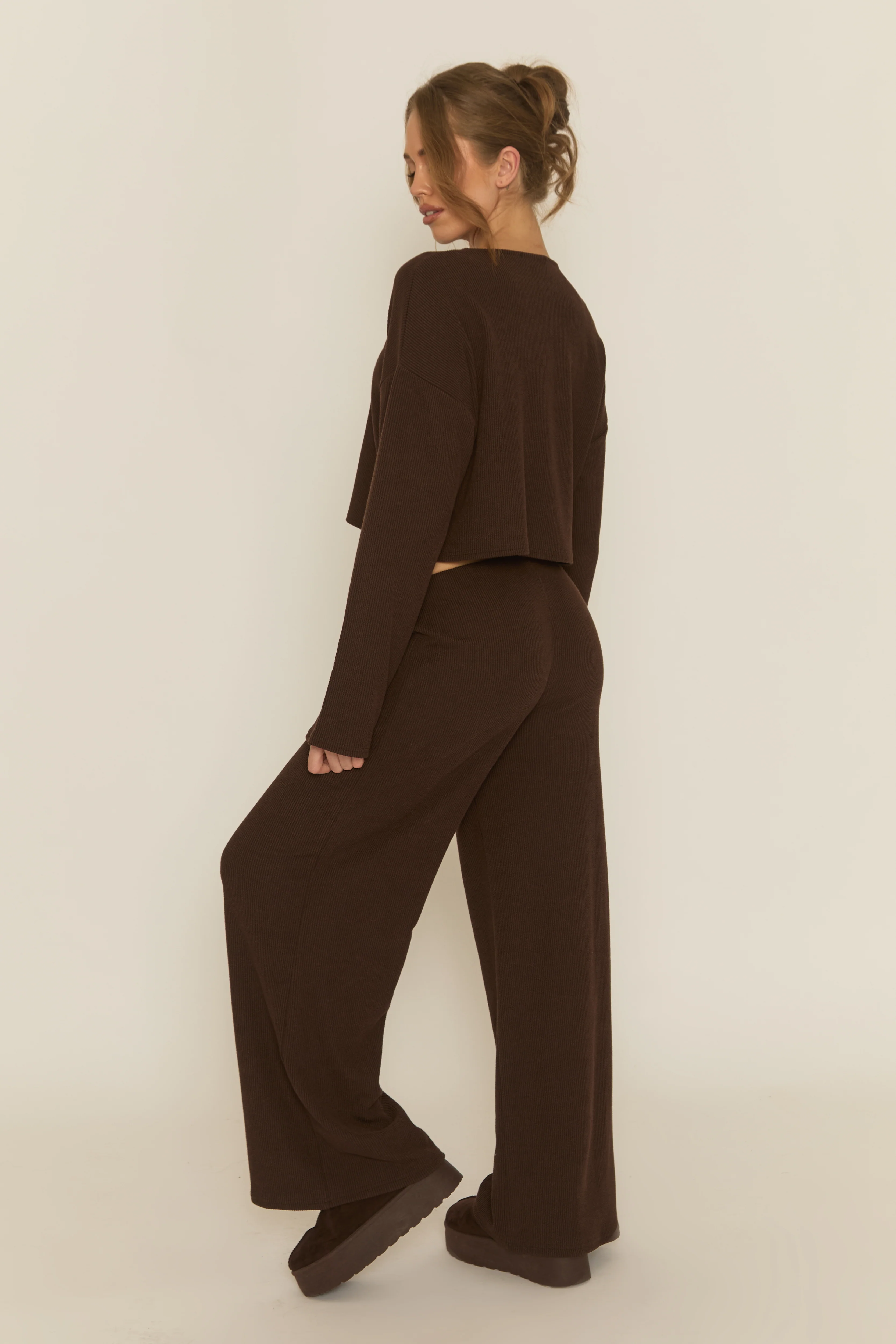 Chocolate Rib Boxy Button Down Loungewear Co-ord Set - Larina - Image 5