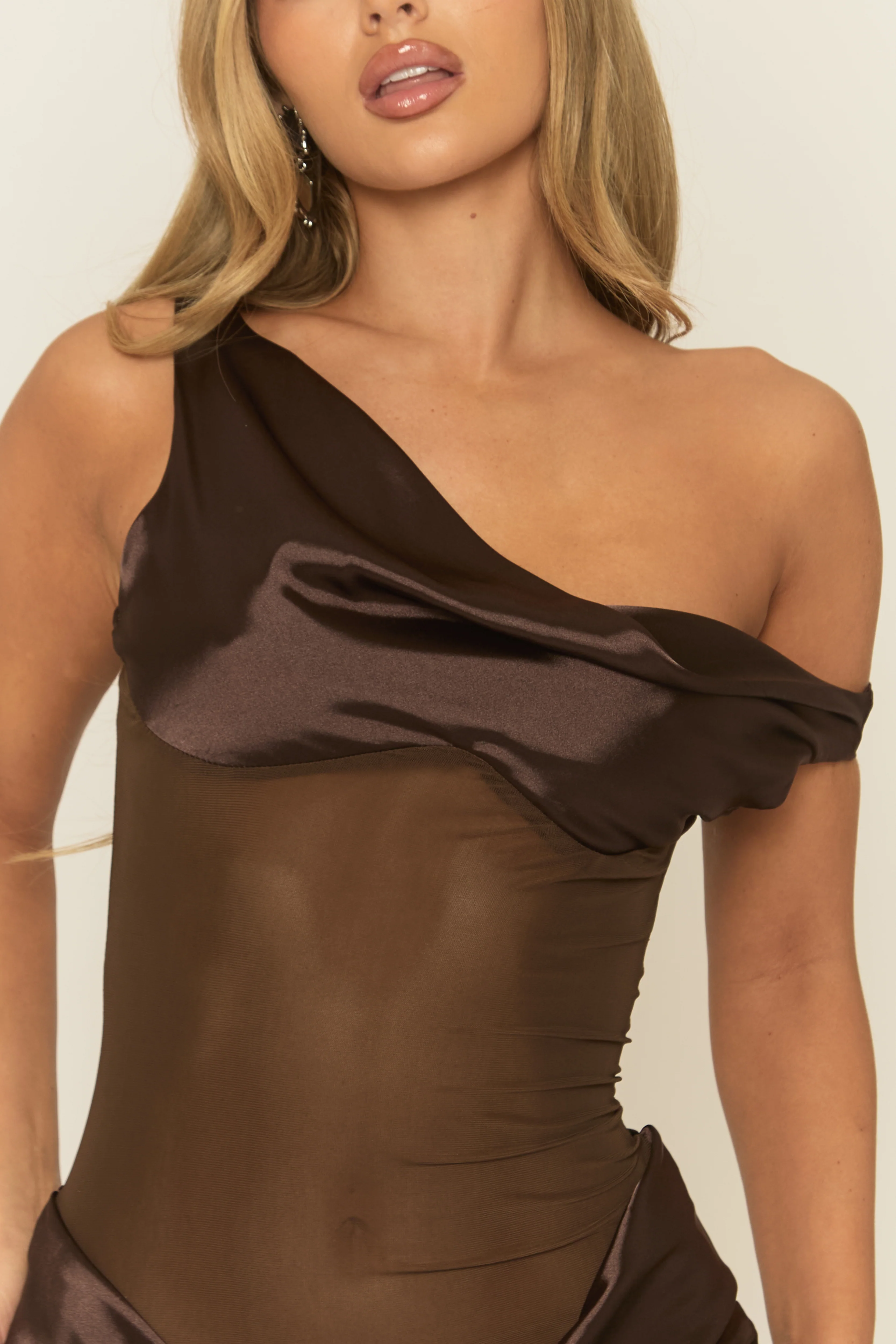 Chocolate Satin Asymmetric Mini Dress - Llona - Image 3