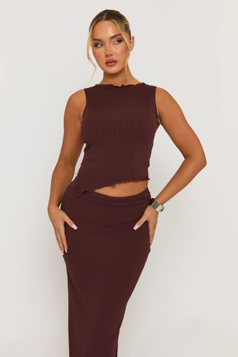 Chocolate Textured Asymmetric Top and Maxi Skirt Co-ord Set - Yeva - Image 3