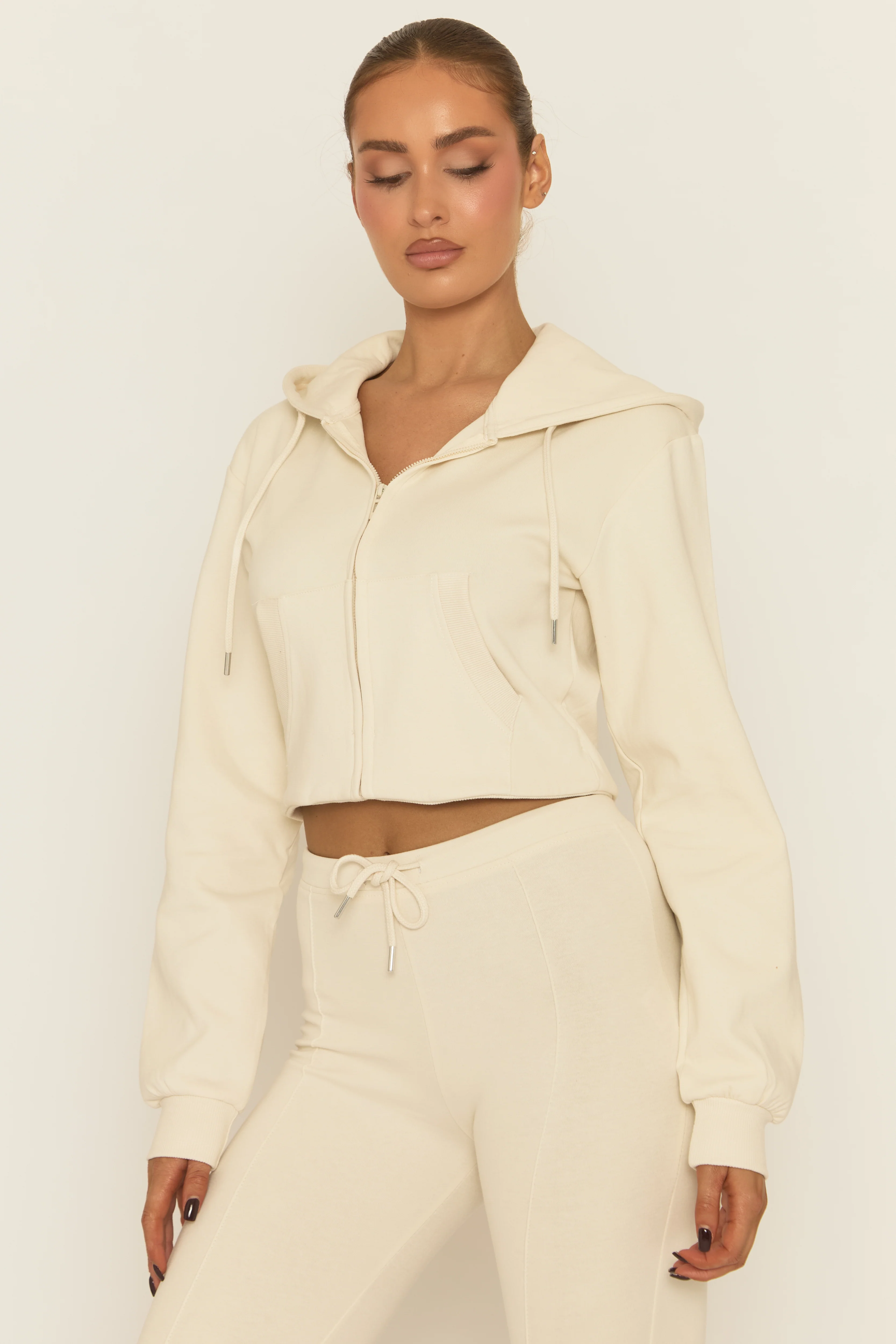 Cream Skinny Flare and Zip Through Hoody Lounge Set - Goldie - Image 4