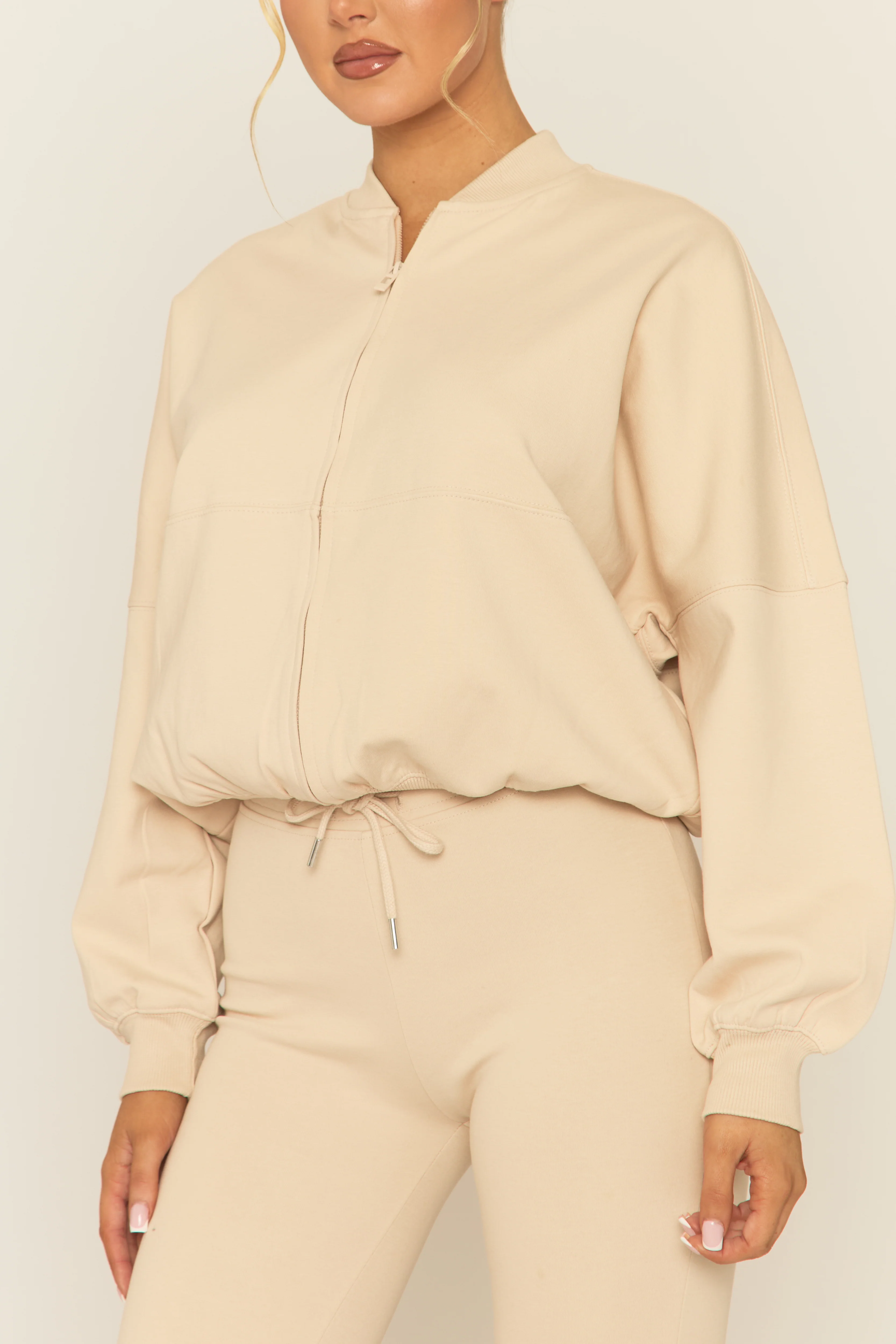Beige Zip Front Bomber And Flare Joggers Loungewear Co-ord Set - Lonie - Image 3