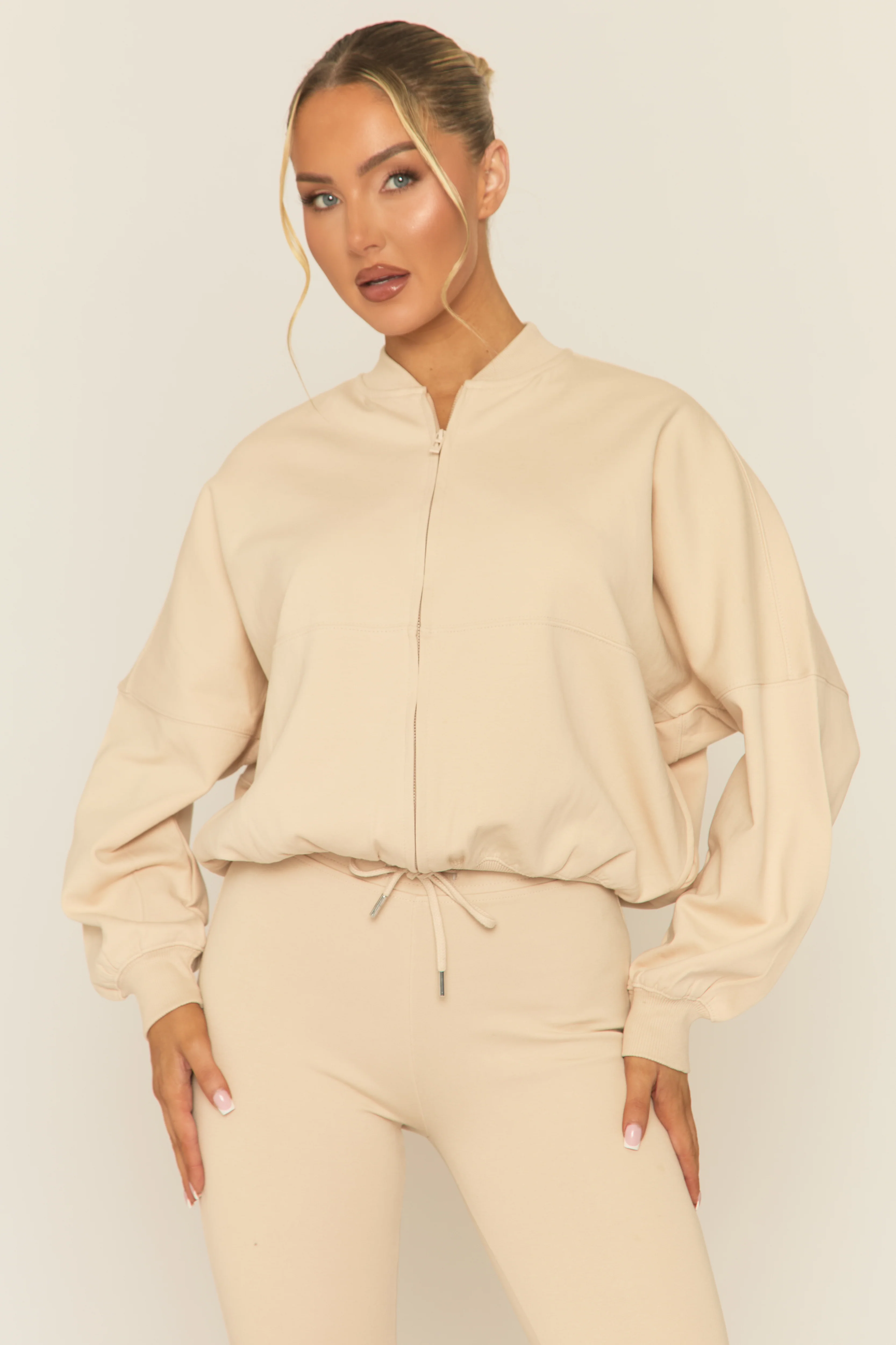 Beige Zip Front Bomber And Flare Joggers Loungewear Co-ord Set - Lonie - Image 4