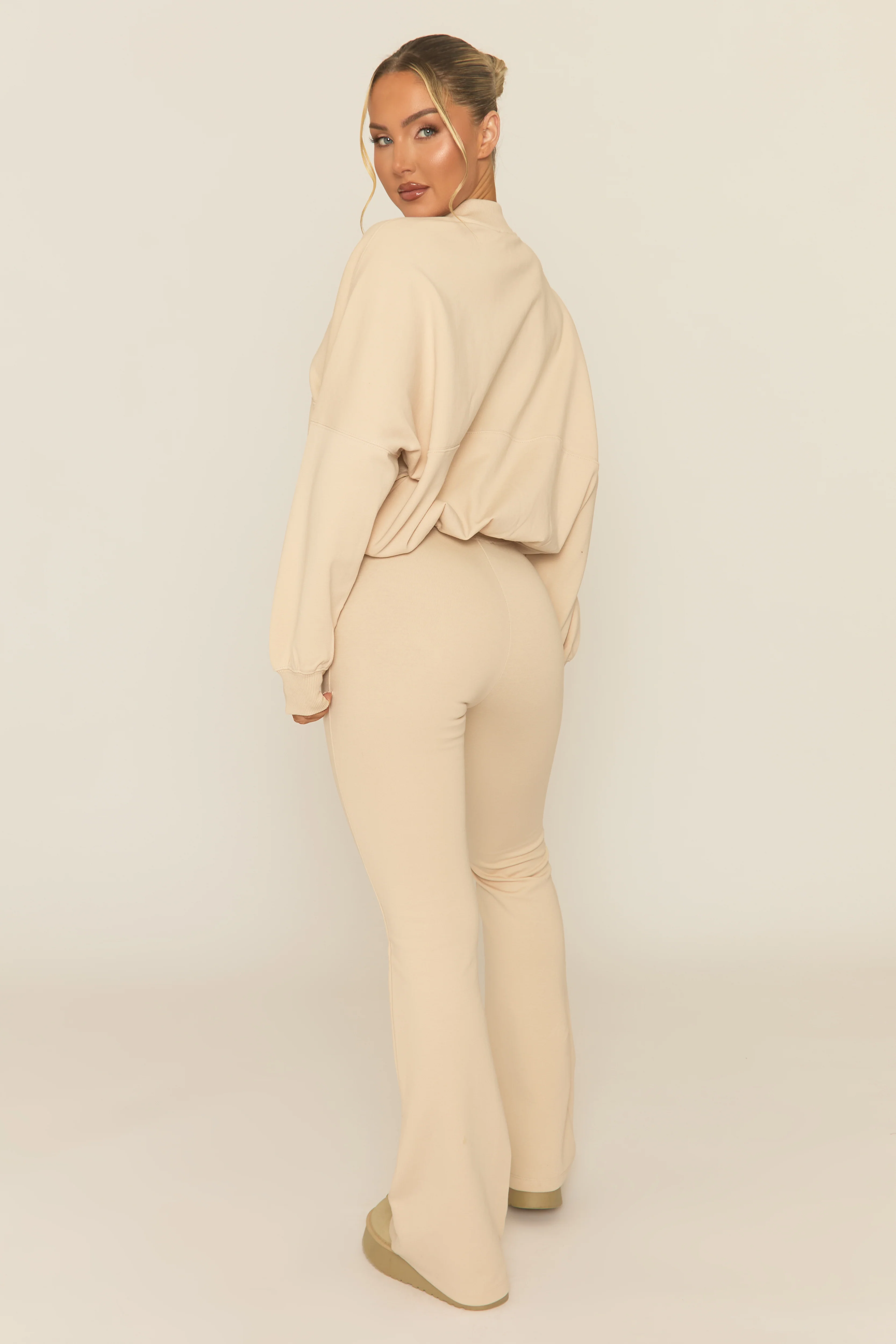 Beige Zip Front Bomber And Flare Joggers Loungewear Co-ord Set - Lonie - Image 5