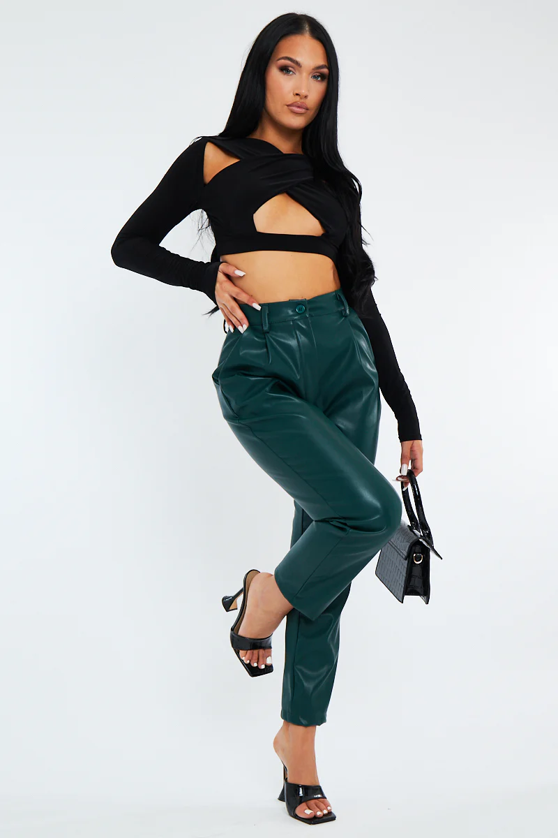 Emerald Green Tailored Fit PU Leather Trousers - Nadya - Image 3