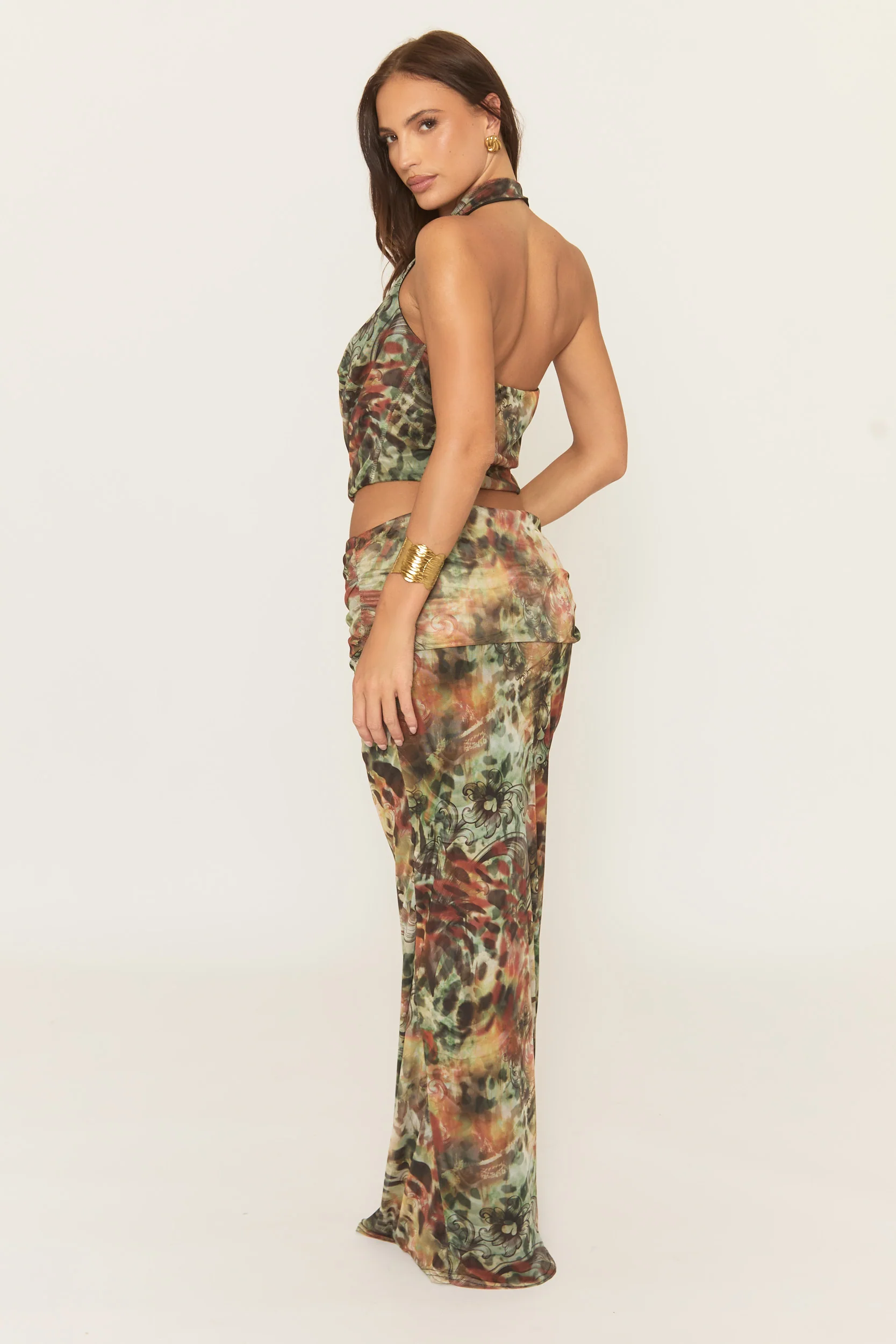 Green Animal Print Mesh Cowl Top and Maxi Skirt Co-ord Set - Prita - Image 4