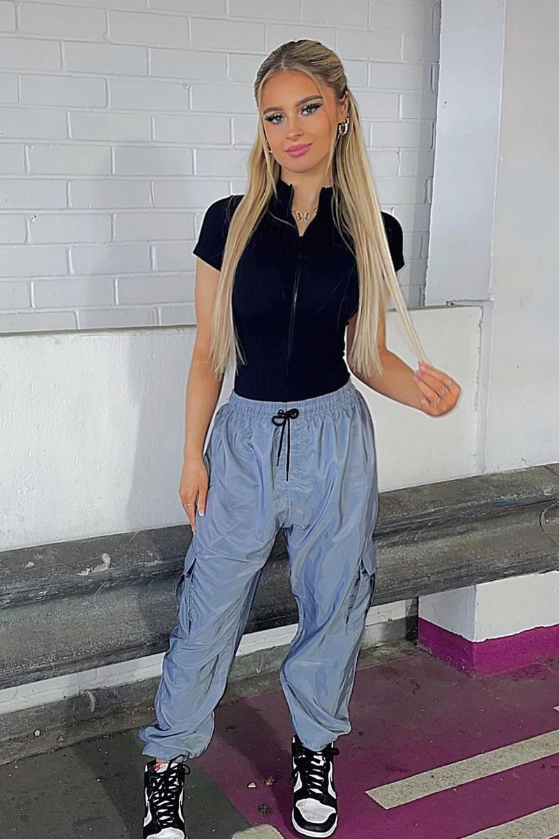 Grey Cuffed Hem Shell Cargo Joggers - Iris - Image 5