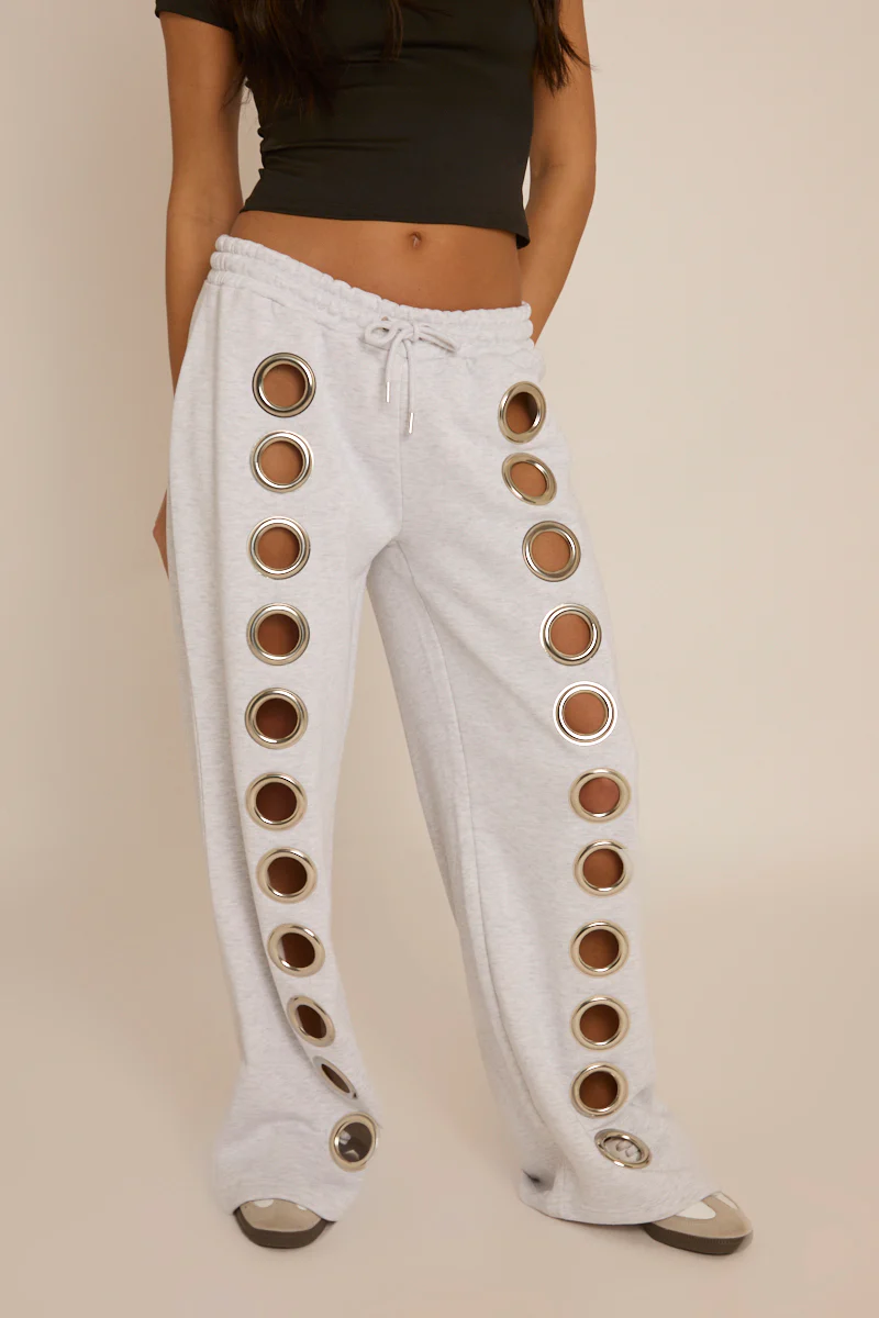 Grey Eyelet Wide Leg Joggers - Serena - Image 3