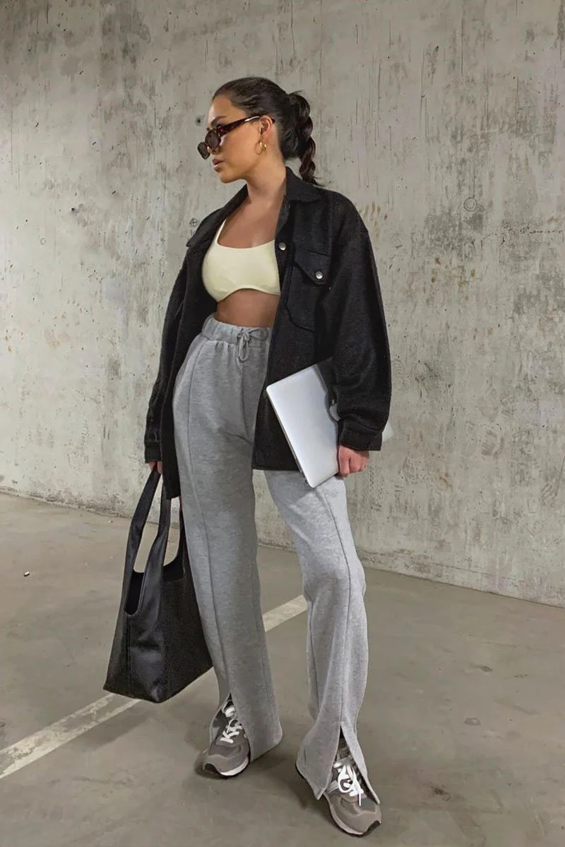 Grey Front Split Wide Leg Joggers - Jenise - Image 8