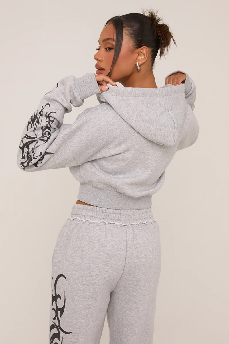 Grey Graphic Printed Zip Through Crop Hoodie - Charlee - Image 4