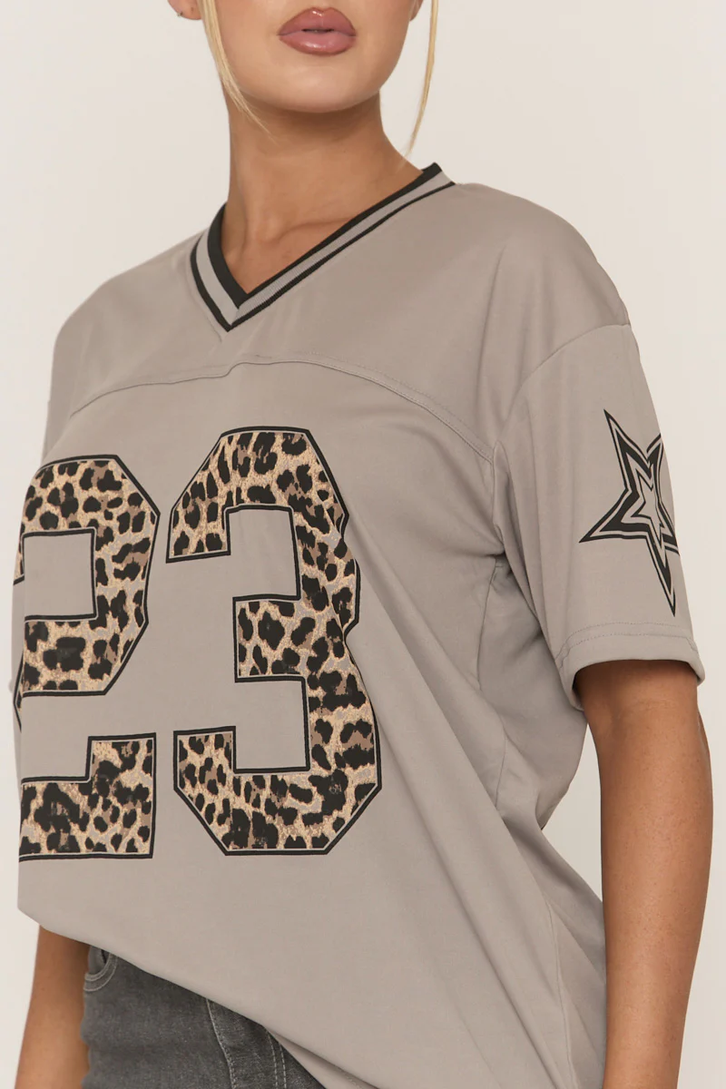 Grey Leopard Print Oversized Varsity Football T-Shirt - Arla - Image 3