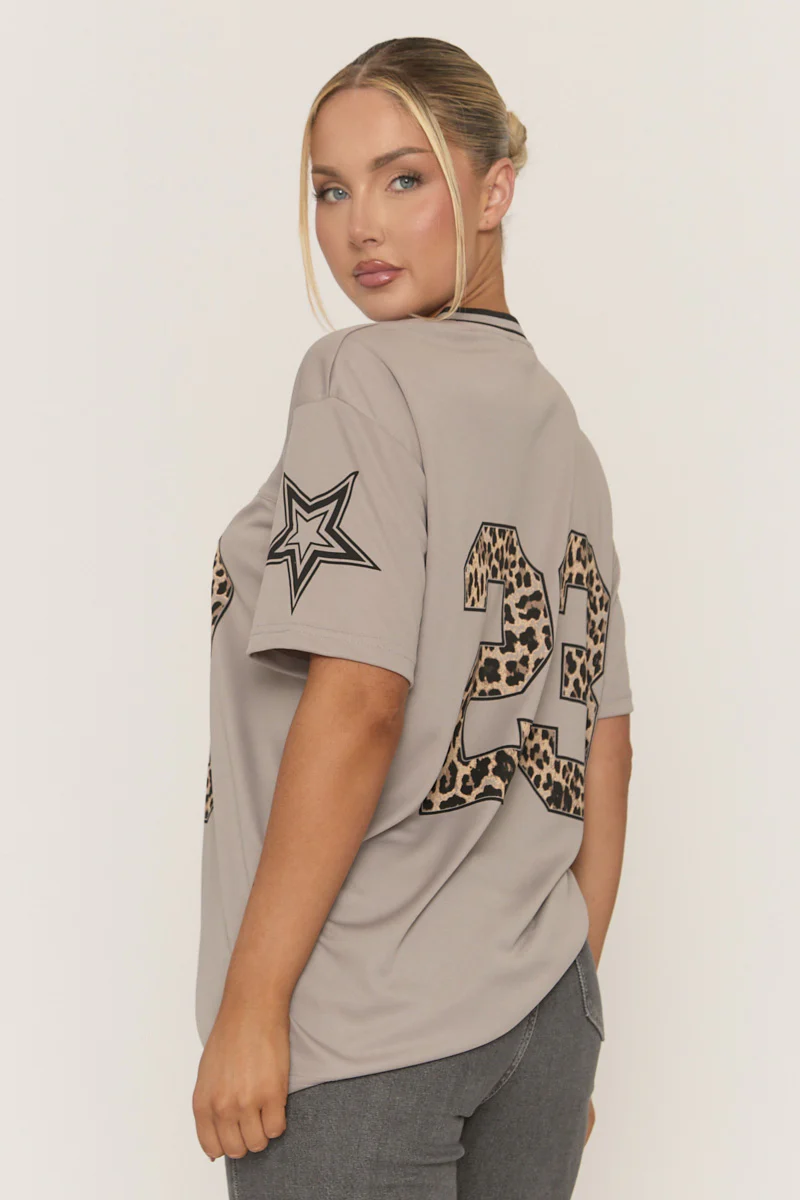 Grey Leopard Print Oversized Varsity Football T-Shirt - Arla - Image 4
