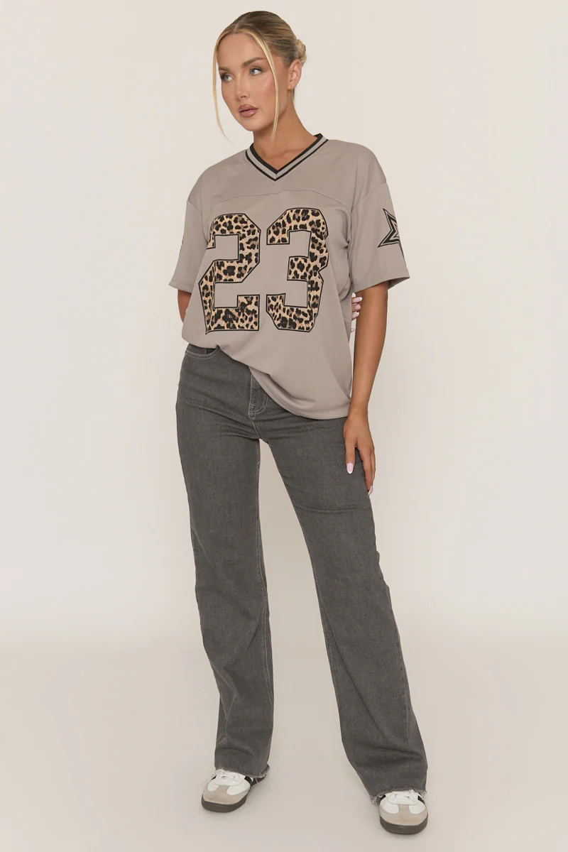 Grey Leopard Print Oversized Varsity Football T-Shirt - Arla - Image 5