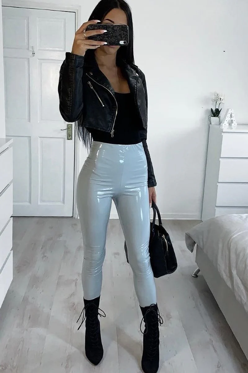 Grey Shiny Vinyl PU Leggings - Rio - Image 6