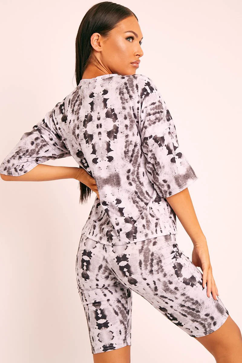 Grey Tie Dye Ribbed Cycling Shorts Co-ord - Haizlee - Image 5