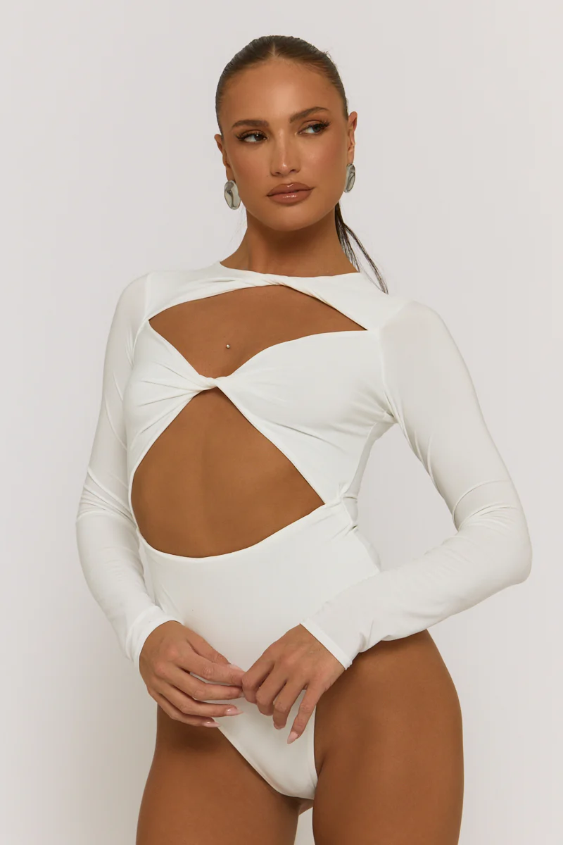 Ivory Cut Out Twist Front Bodysuit - Raisa - Image 4