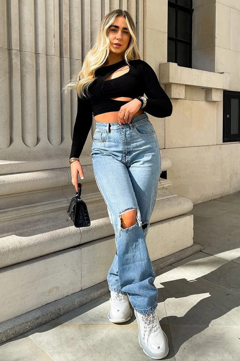 Mid Wash Denim Distressed Knee Extra Long Jeans - Ivelisse - Image 21