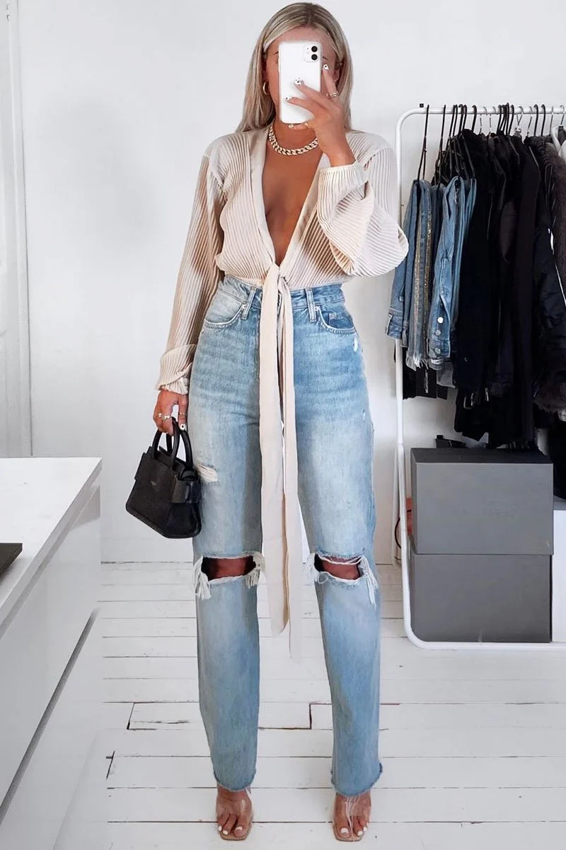 Mid Wash Denim Distressed Knee Extra Long Jeans - Ivelisse - Image 6