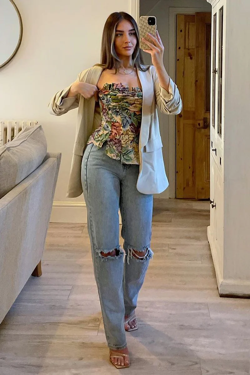 Mid Wash Denim Distressed Knee Extra Long Jeans - Ivelisse - Image 8