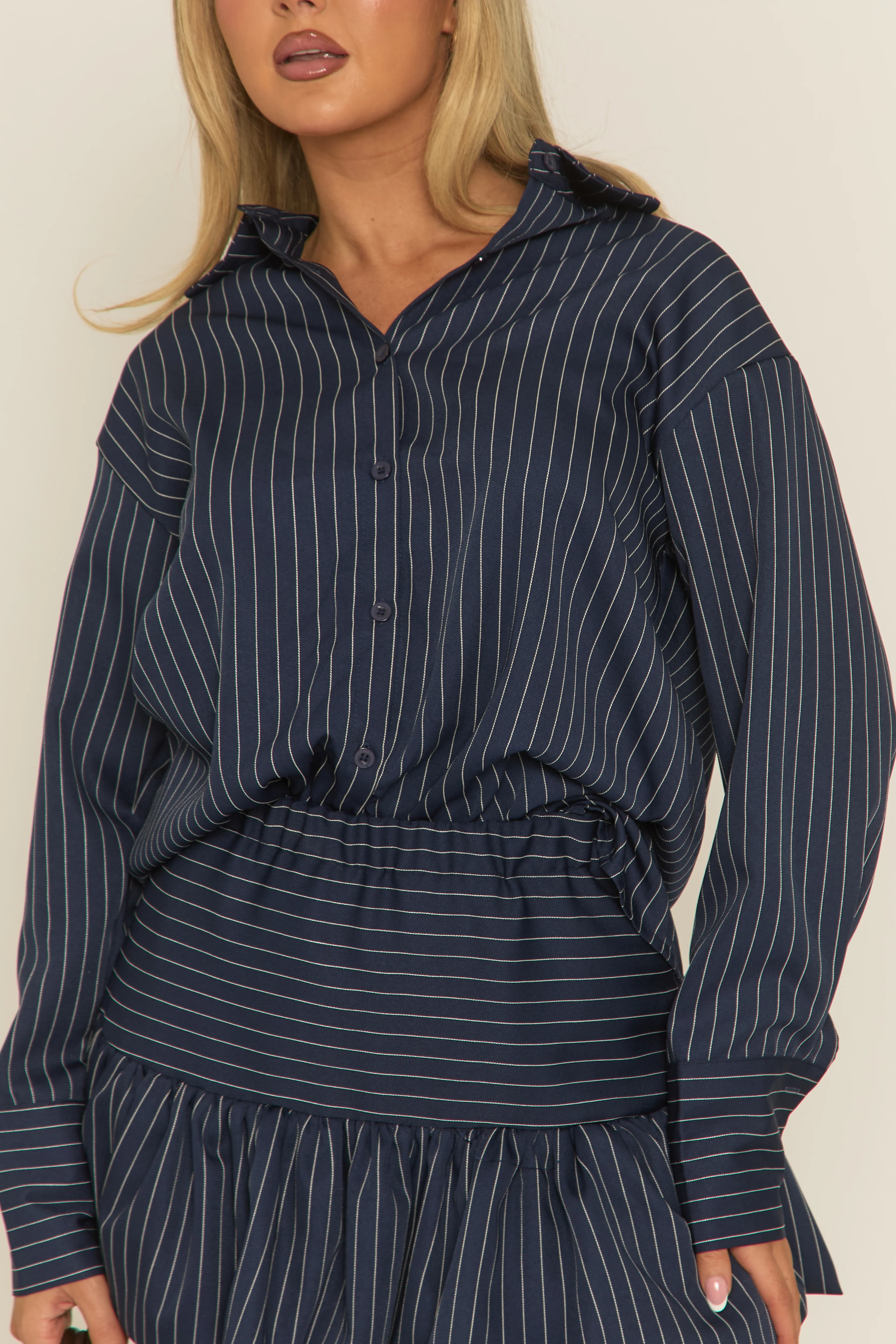 Navy Pinstripe Shirt and Puffball Skirt Co-ord Set - Hollia - Image 3