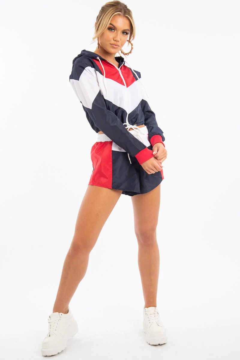 Navy Red Colour Block Hooded Jacket Shorts Tracksuit Co-ord - Jettie - Image 6