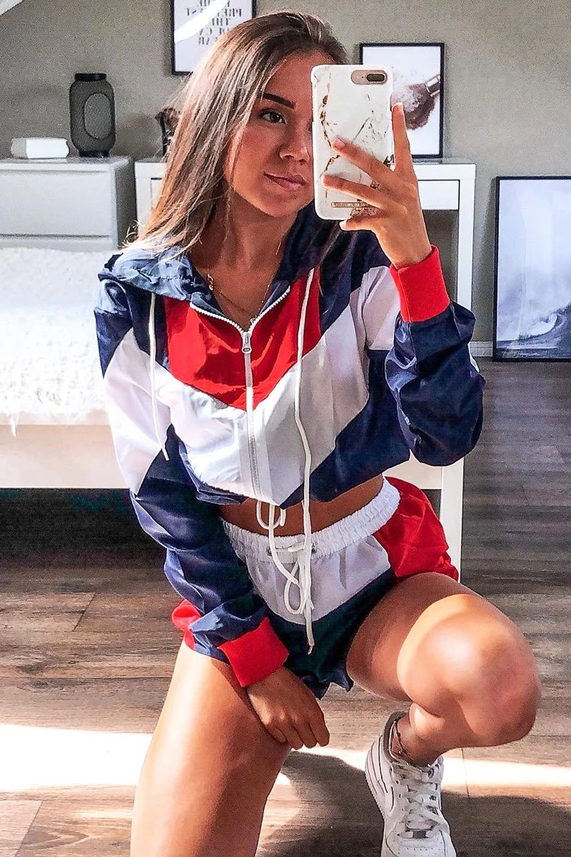 Navy Red Colour Block Hooded Jacket Shorts Tracksuit Co-ord - Jettie - Image 8