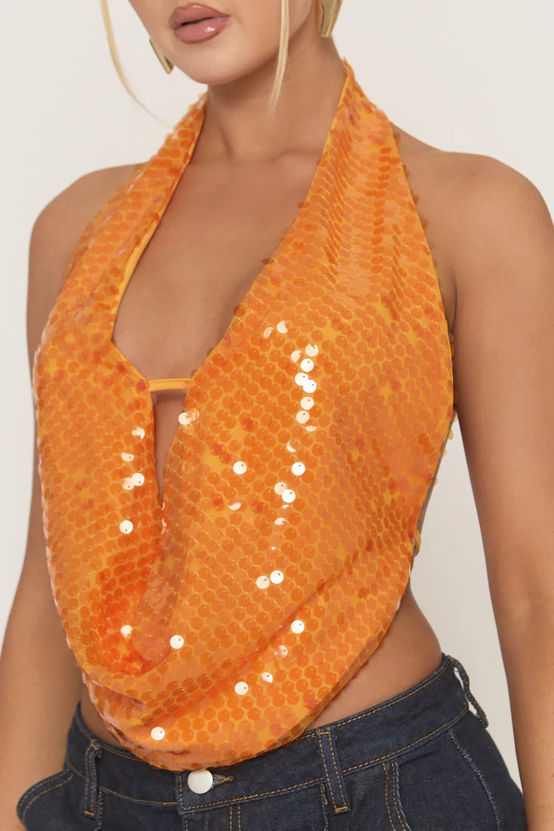 Orange Sequin Cowl Halter Top - Braidy - Image 3