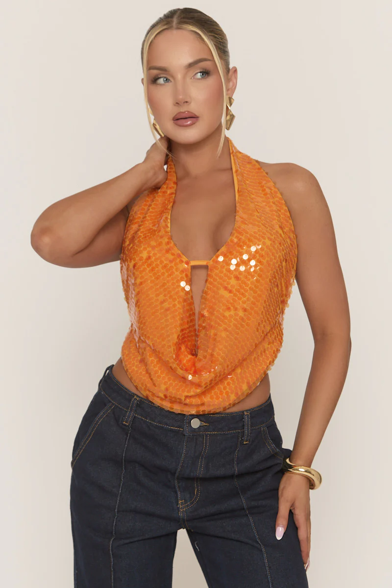 Orange Sequin Cowl Halter Top - Braidy - Image 4