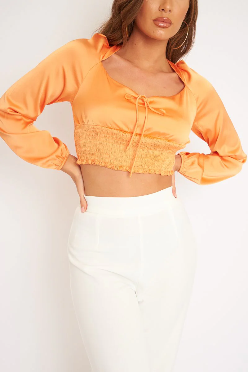 Orange Shirred Long Sleeve Strap Back Detail Crop Top -Traniyah - Image 4