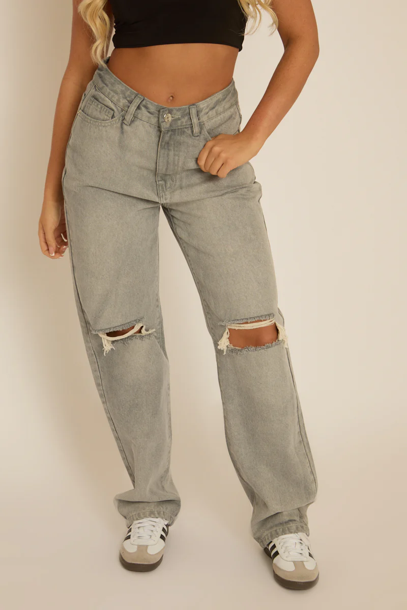 Grey Denim Distressed Knee Extra Long Jeans - Ivelisse - Image 3