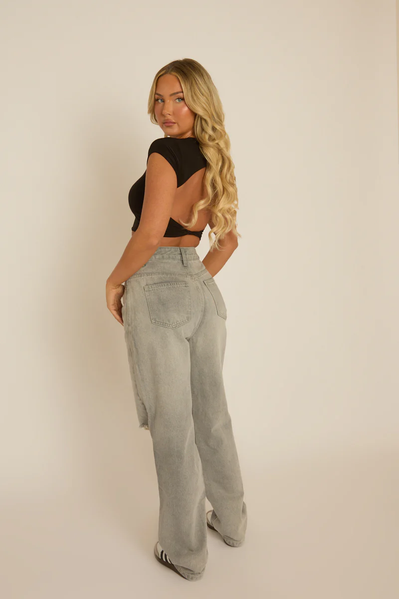 Grey Denim Distressed Knee Extra Long Jeans - Ivelisse - Image 5