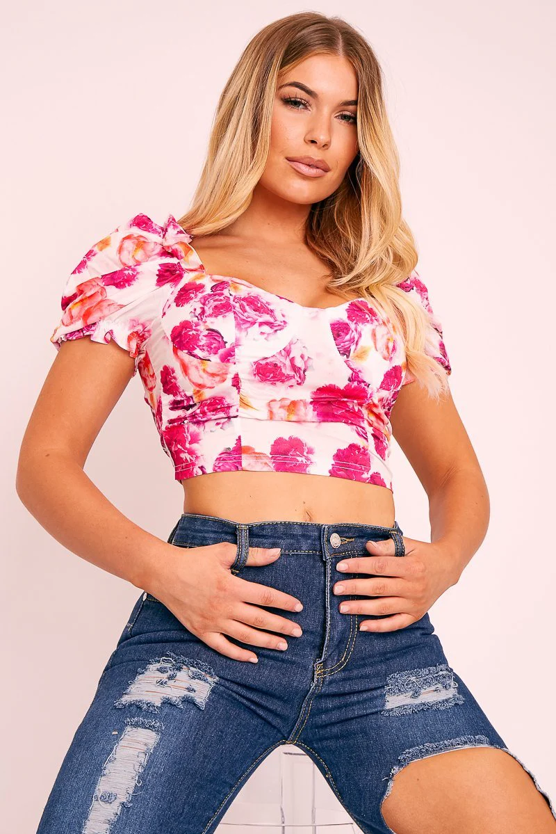 Pink Bold Floral Corset Crop Top - Ivonne - Image 3