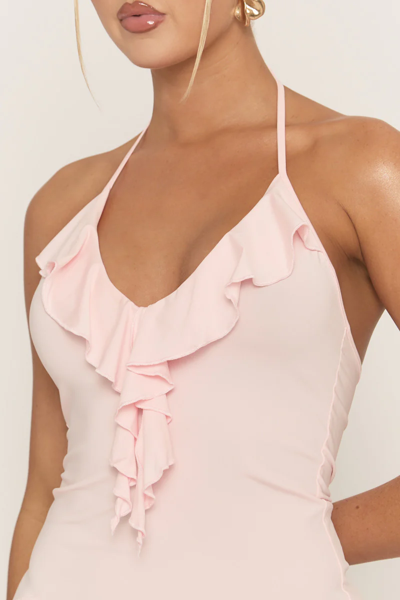 Pink Frill Hem Halter Skater Dress - Jonia - Image 3