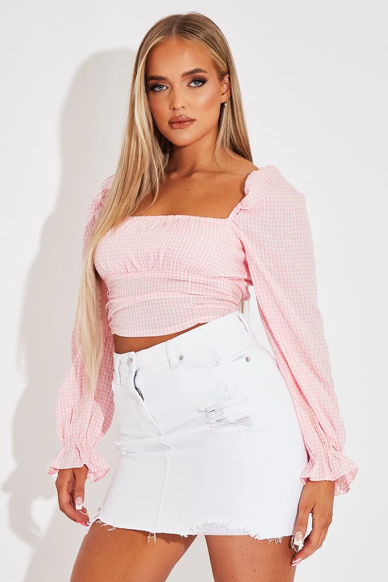 Pink Gingham Square Neckline Crop Top - Amora - Image 5