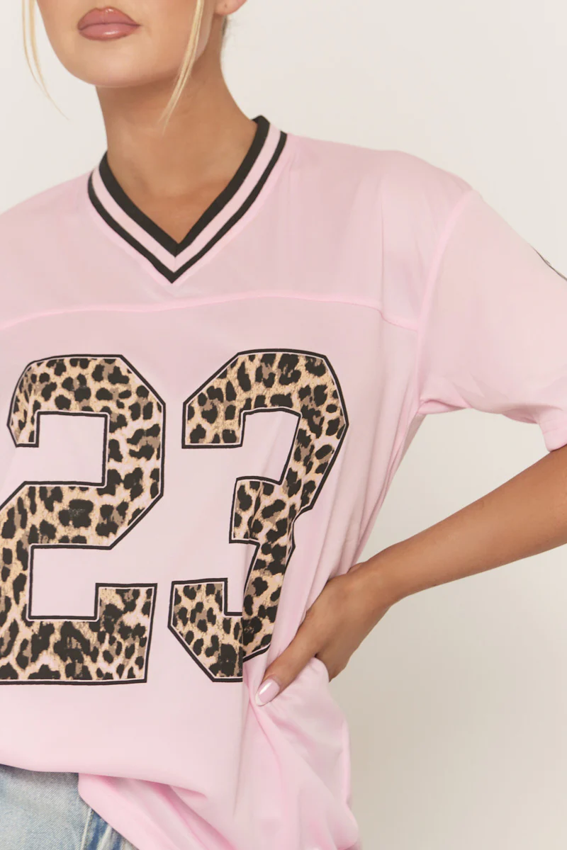 Pink Leopard Print Oversized Varsity Football T-Shirt - Arla - Image 3