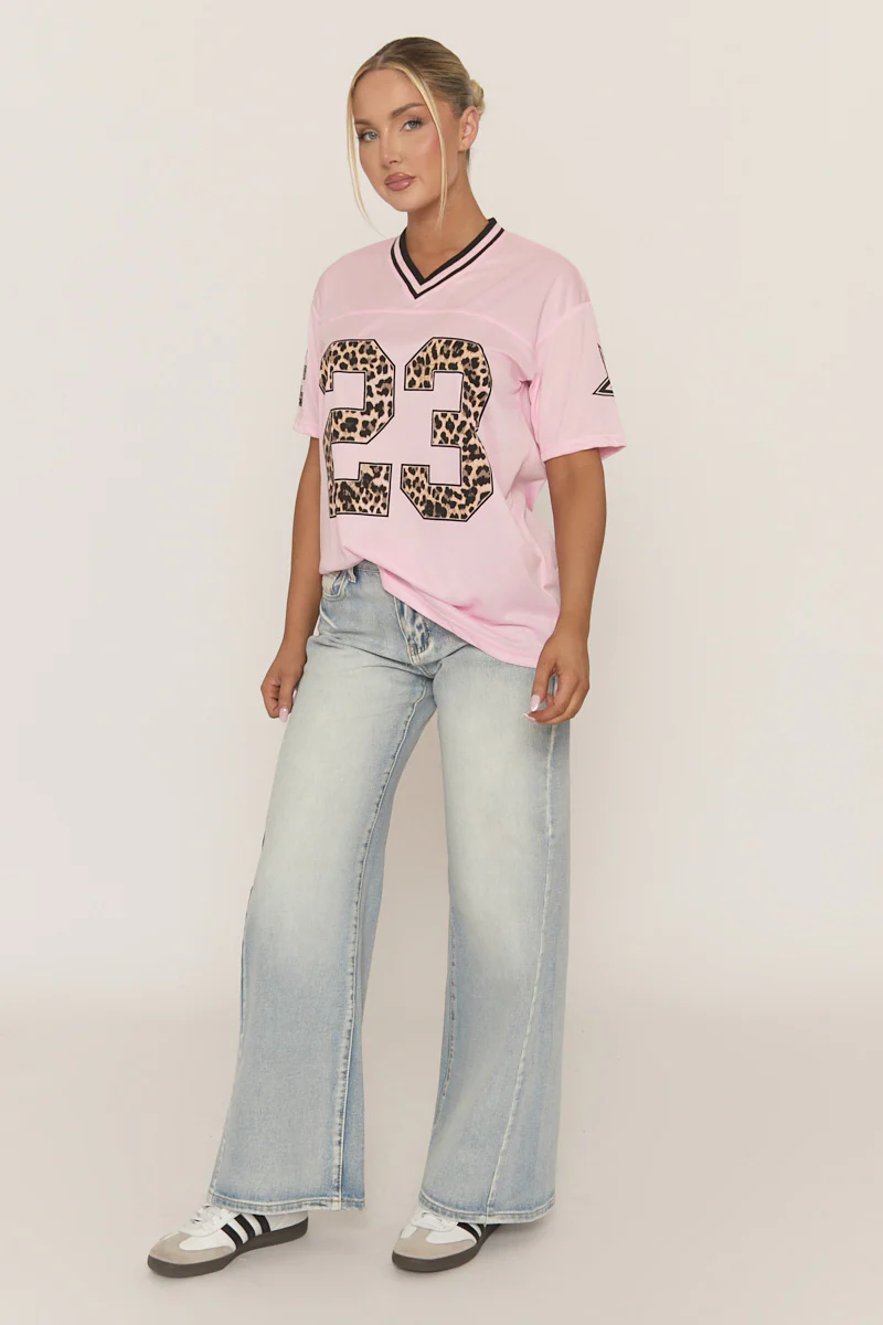 Pink Leopard Print Oversized Varsity Football T-Shirt - Arla - Image 5